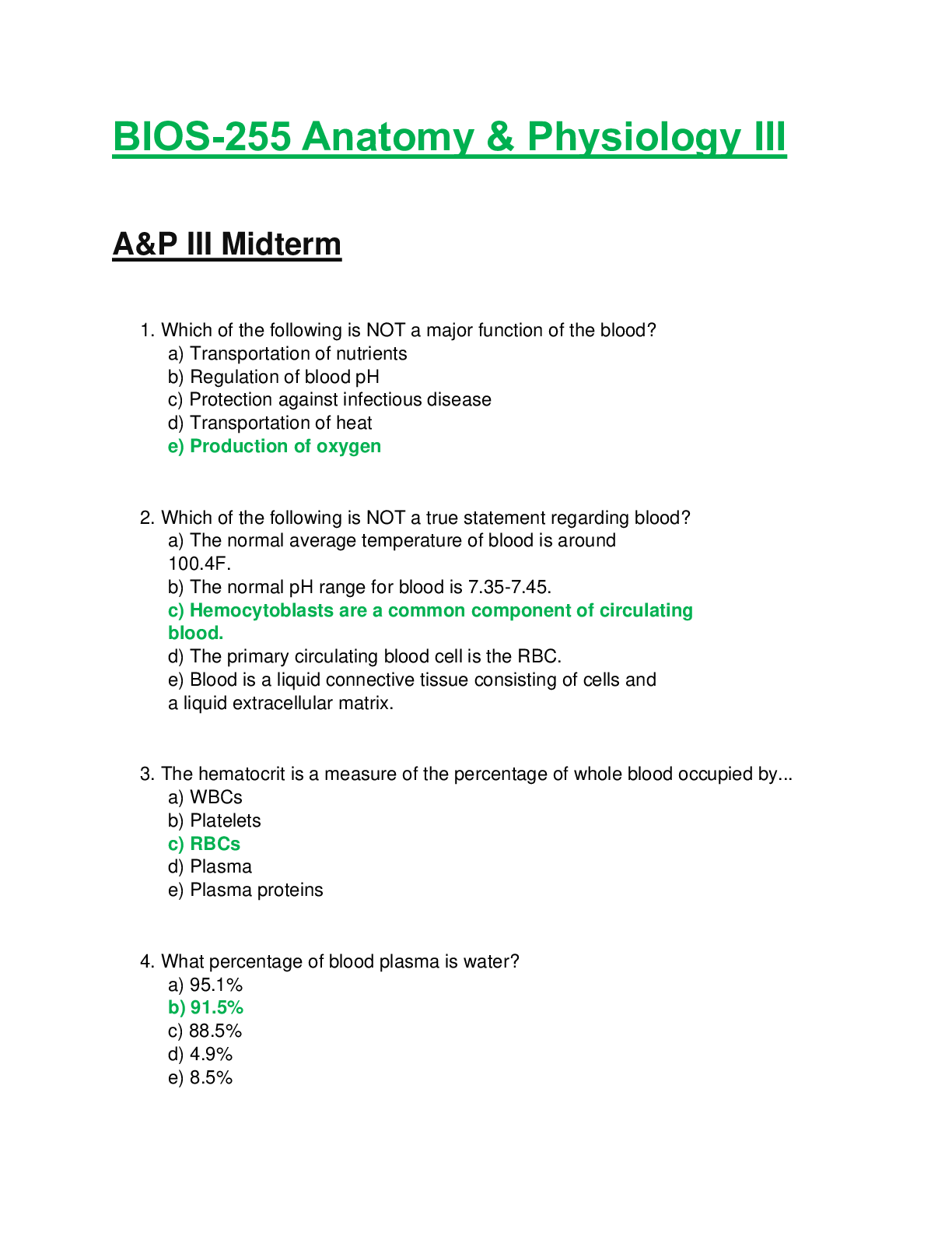 Preview of BIOS 255 / BIOS255: Anatomy & Physiology III / A&P III Midterm Exam (Fall 2020) Chamberlai